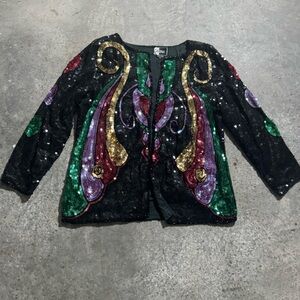 Vintage Carina Sequin Embellished Open Blazer Jacket Colorful Art Design Retro
